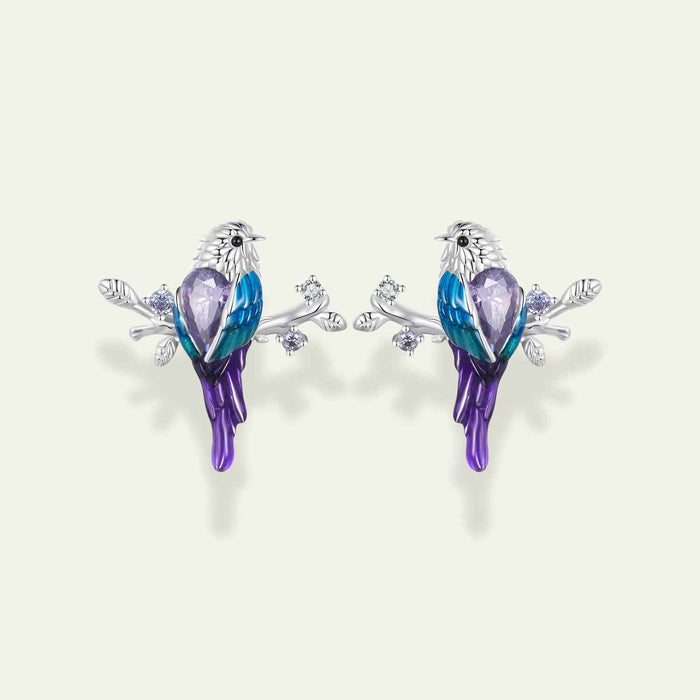 Enamel Bird on Branch Earrings