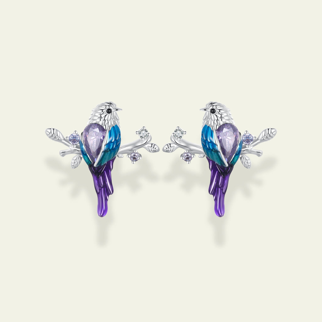 Enamel Bird on Branch Earrings