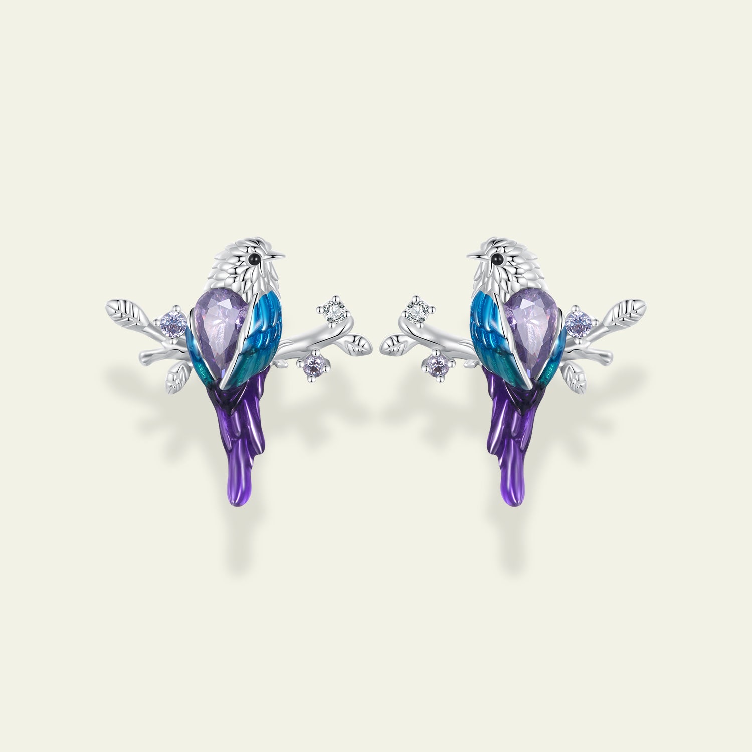 Enamel Bird on Branch Earrings