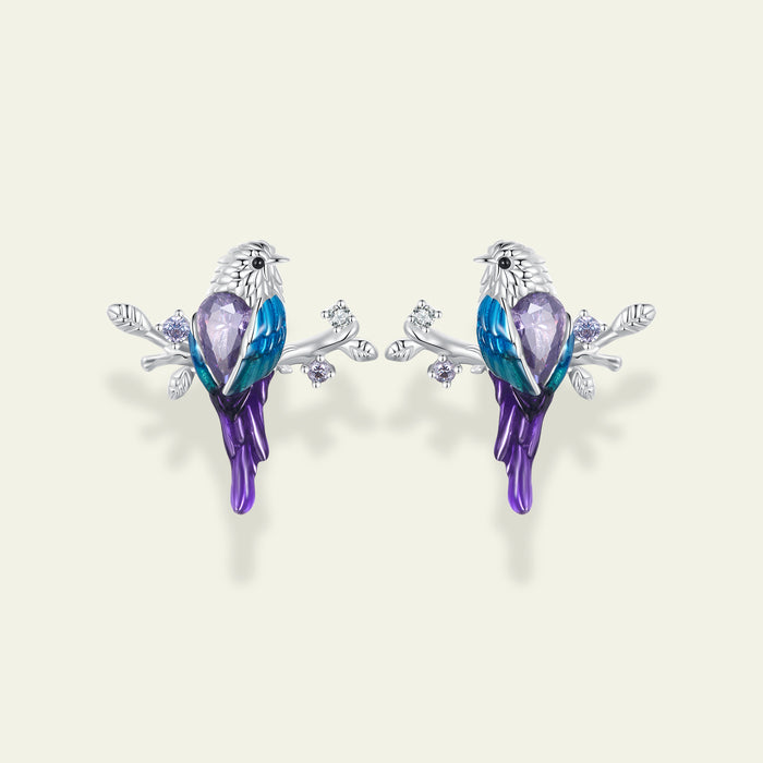 Enamel Bird on Branch Earrings