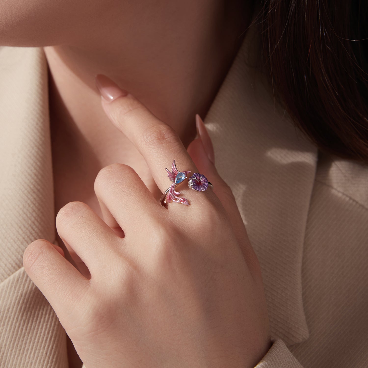 BAMOER Pink Blossom Bird Open Ring