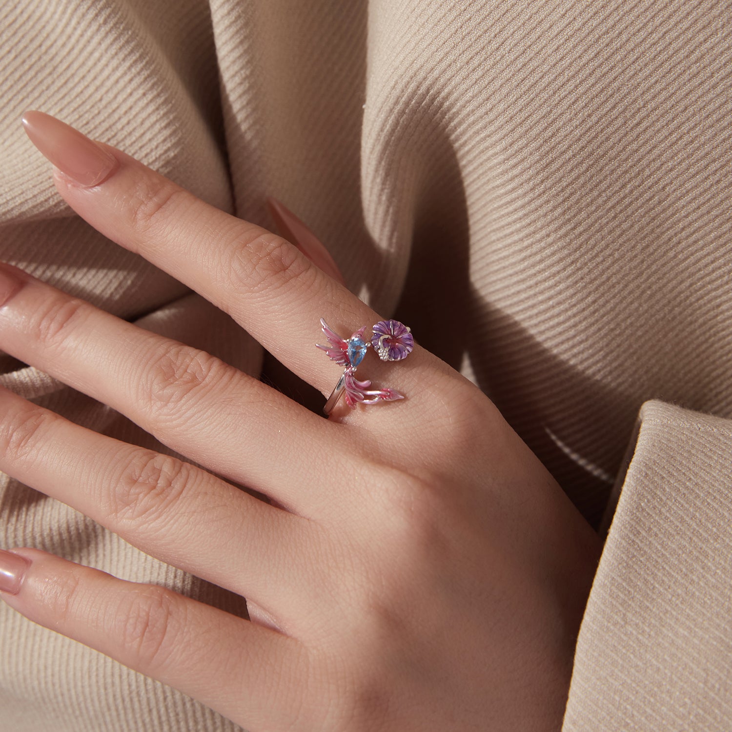 BAMOER Pink Blossom Bird Open Ring