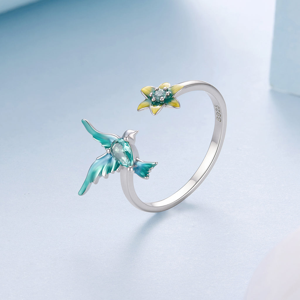 BAMOER Green Hummingbird Flower Ring