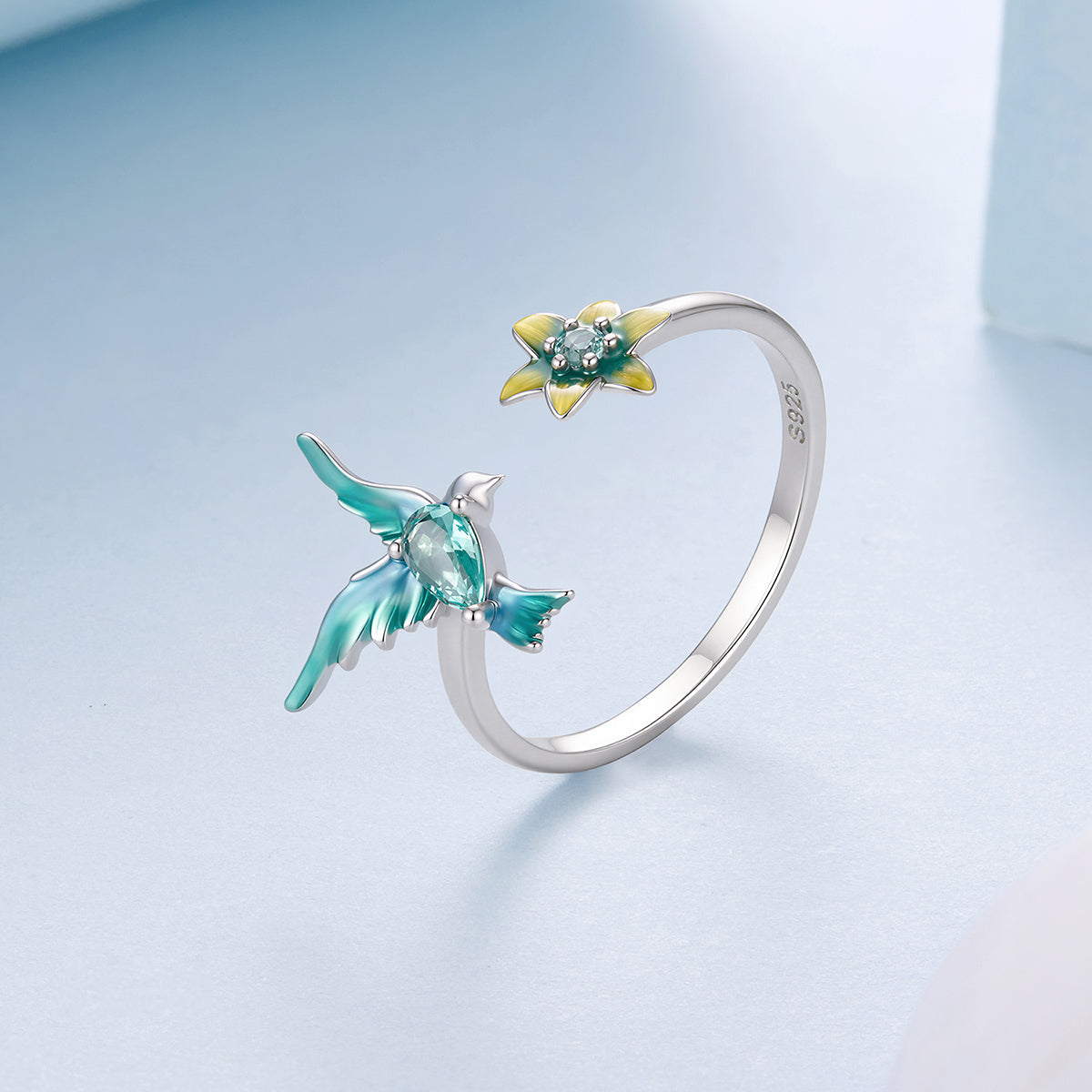 BAMOER Green Hummingbird Flower Ring