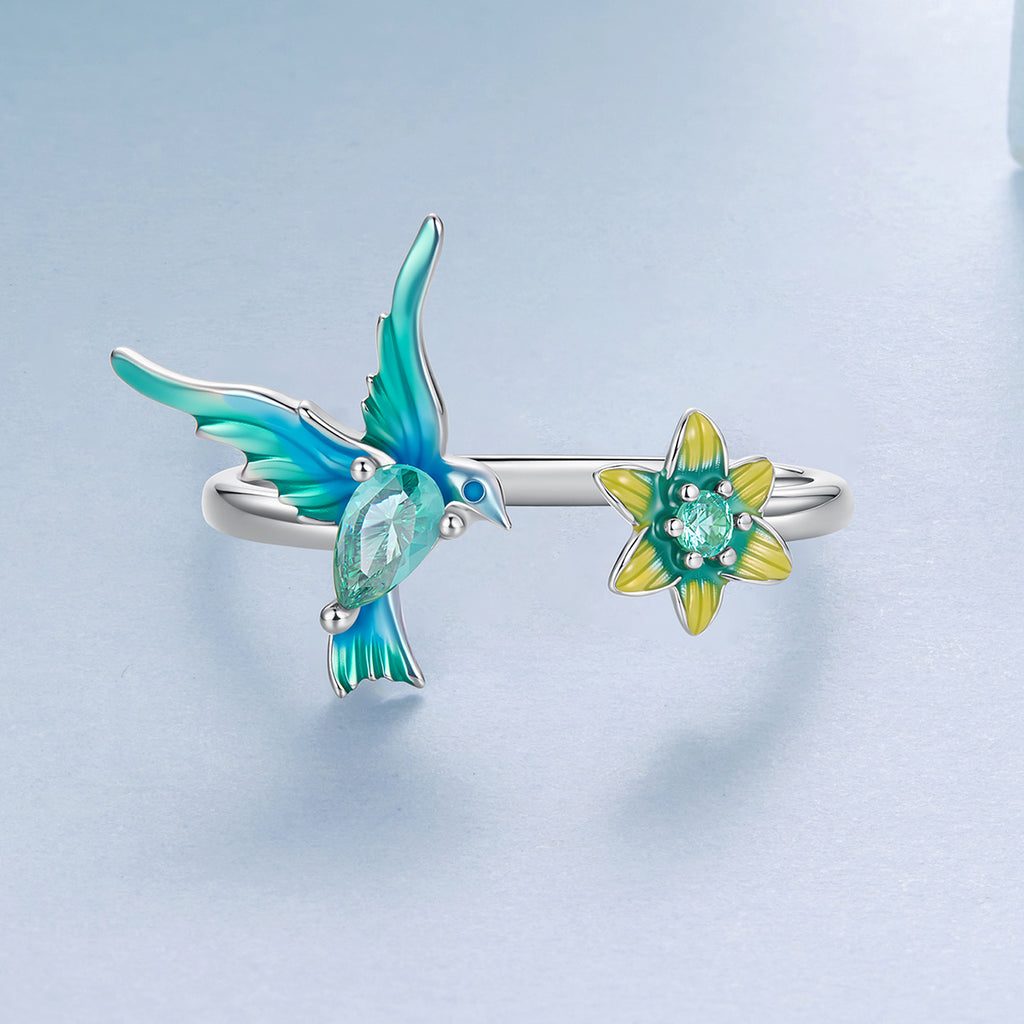 BAMOER Green Hummingbird Flower Ring