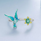 BAMOER Green Hummingbird Flower Ring