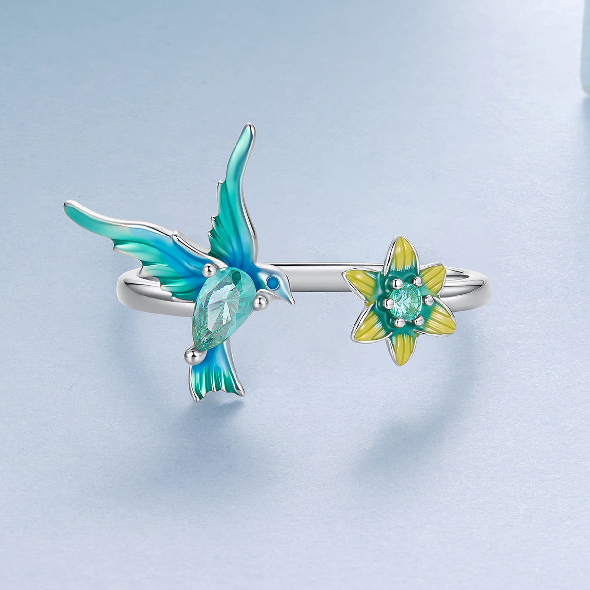 BAMOER Green Hummingbird Flower Ring