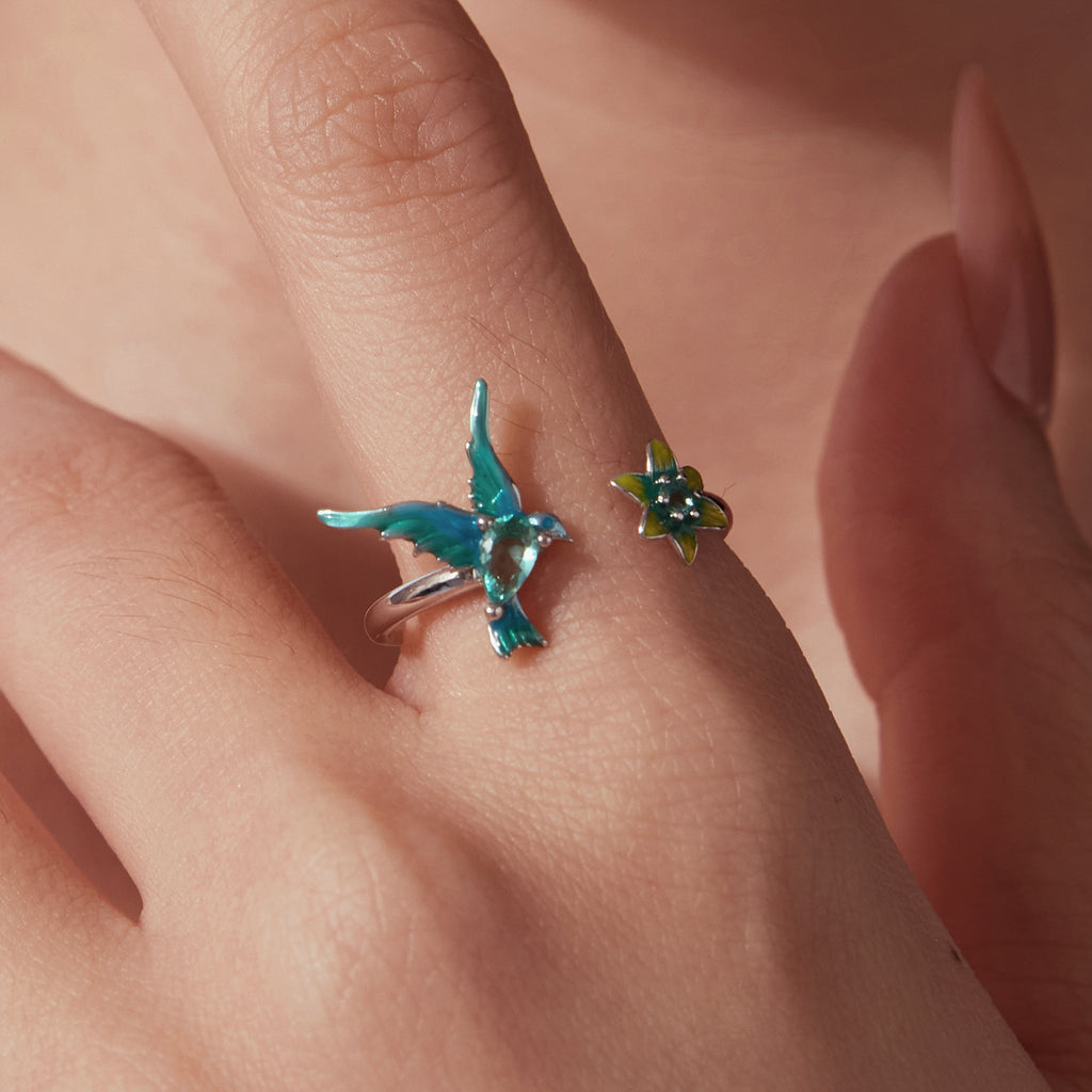 BAMOER Green Hummingbird Flower Ring