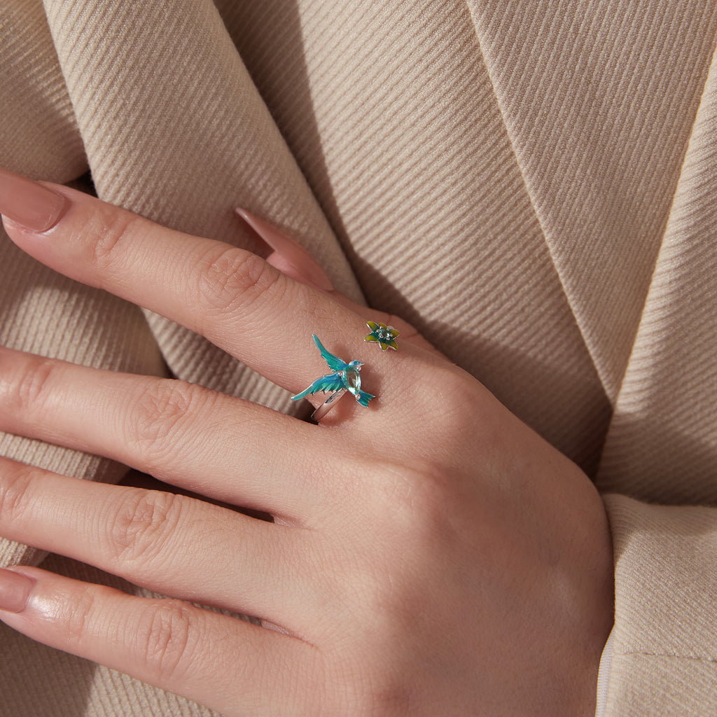 BAMOER Green Hummingbird Flower Ring
