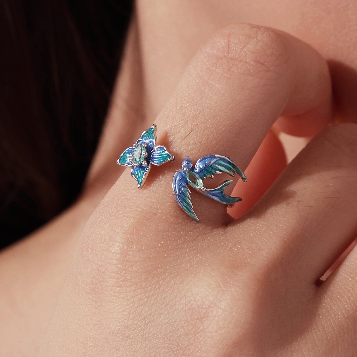 Blue Blossom Bird Open Ring