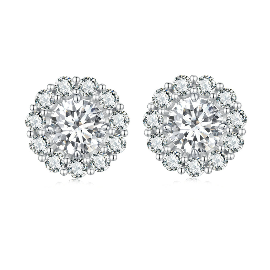 bamoer 925 Silver Floral Halo Moissanite Stud Earrings | Classic Pave Set