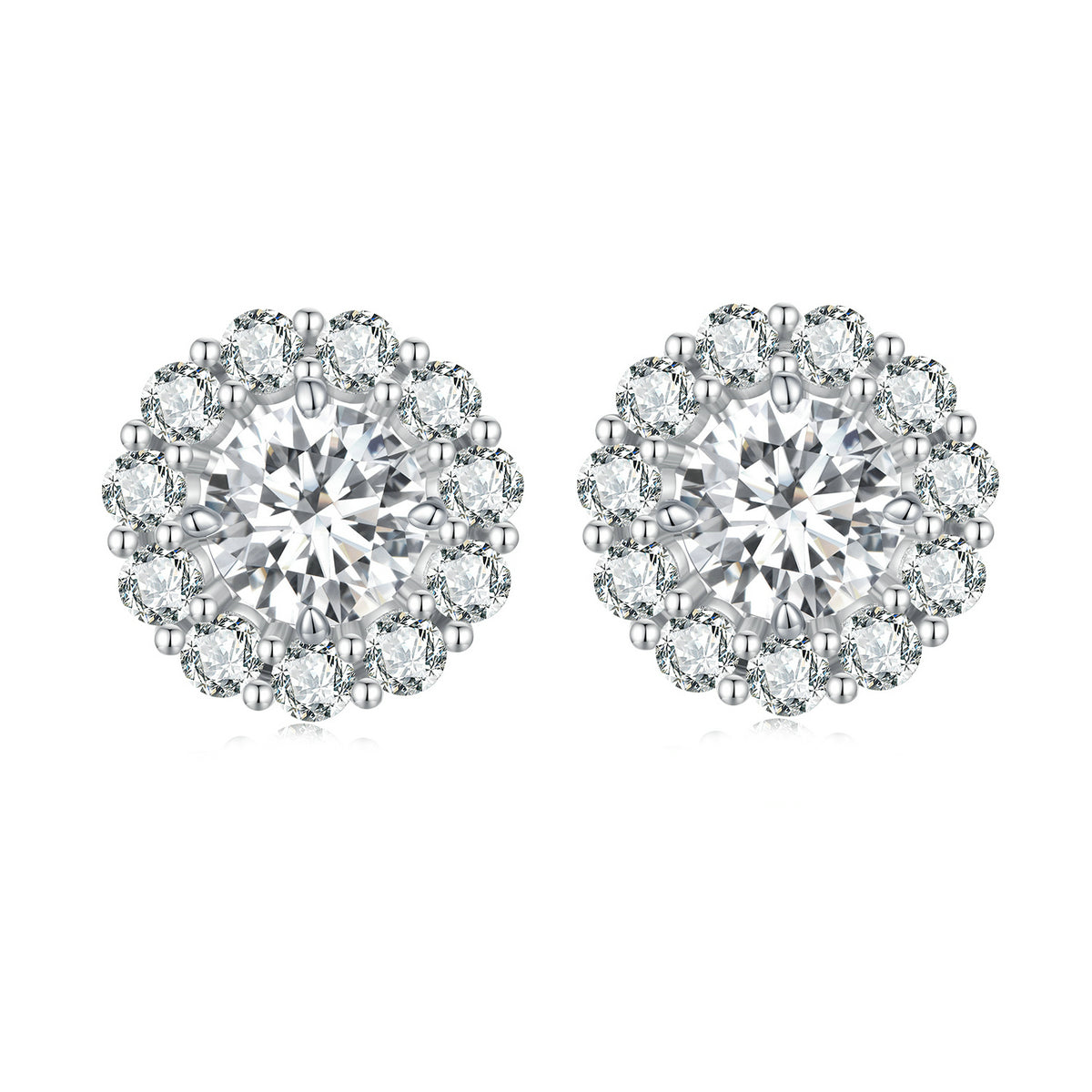 bamoer 925 Silver Floral Halo Moissanite Stud Earrings | Classic Pave Set