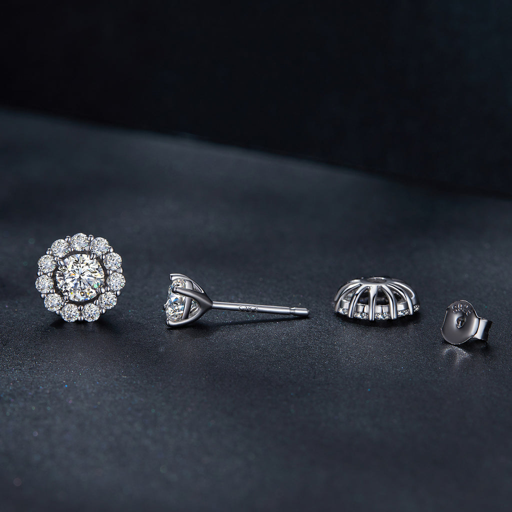 bamoer 925 Silver Floral Halo Moissanite Stud Earrings | Classic Pave Set