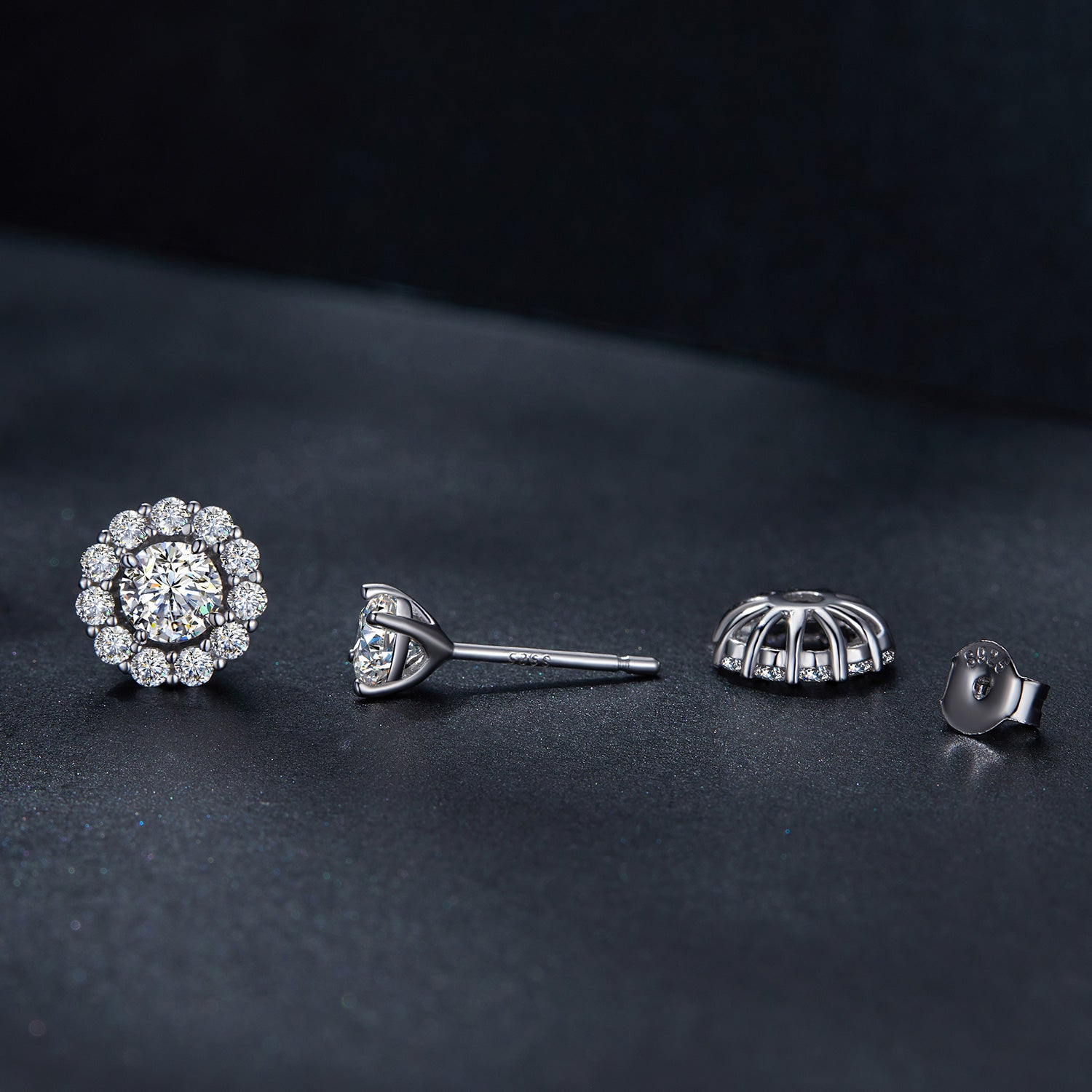 bamoer 925 Silver Floral Halo Moissanite Stud Earrings | Classic Pave Set