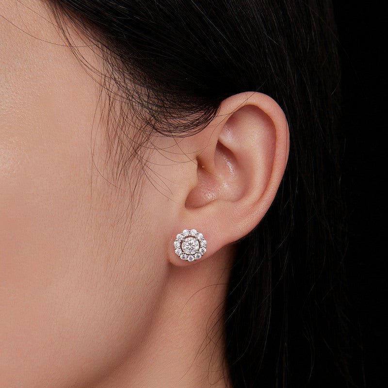 bamoer 925 Silver Floral Halo Moissanite Stud Earrings | Classic Pave Set