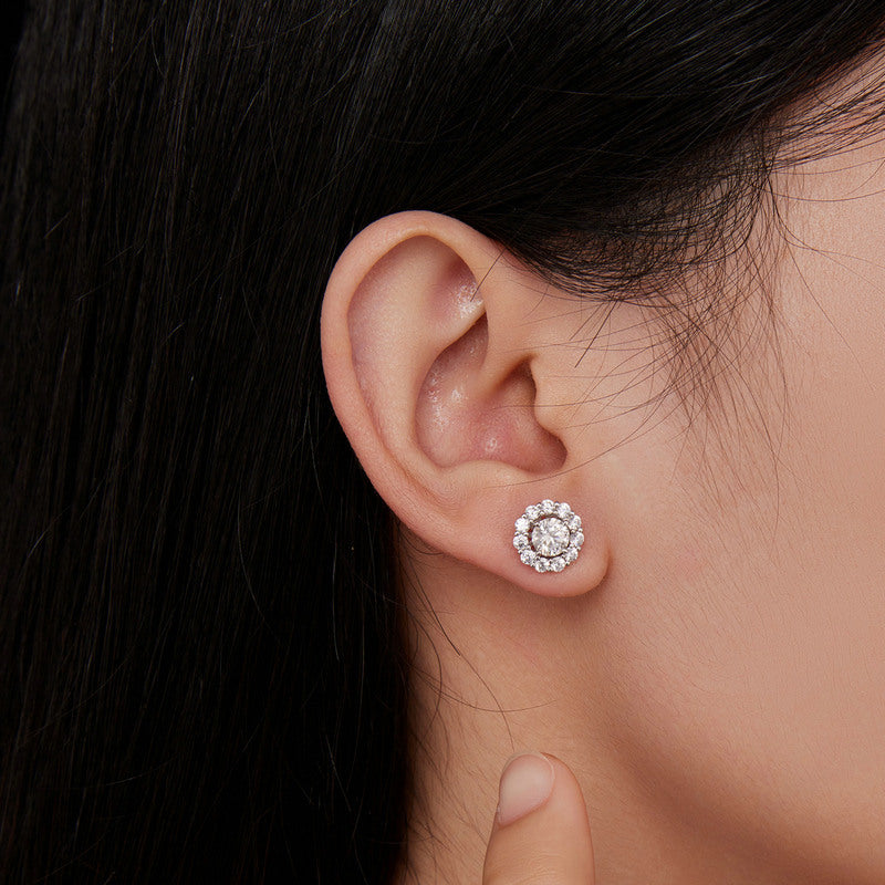 bamoer 925 Silver Floral Halo Moissanite Stud Earrings | Classic Pave Set