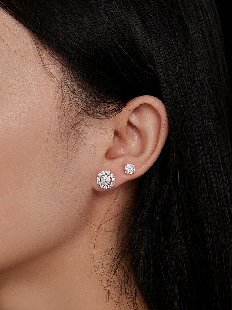 bamoer 925 Silver Floral Halo Moissanite Stud Earrings | Classic Pave Set