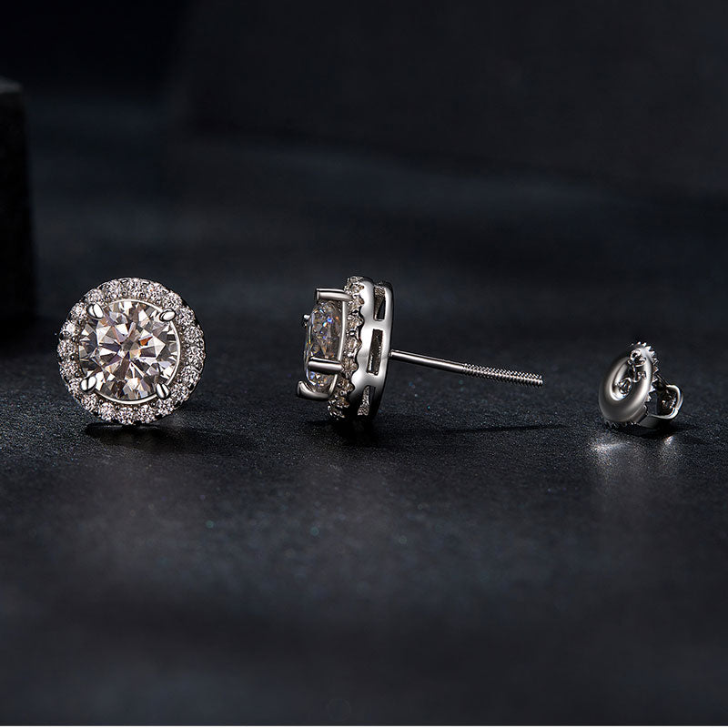 bamoer 925 Silver Halo Moissanite Studs with Screw Backs