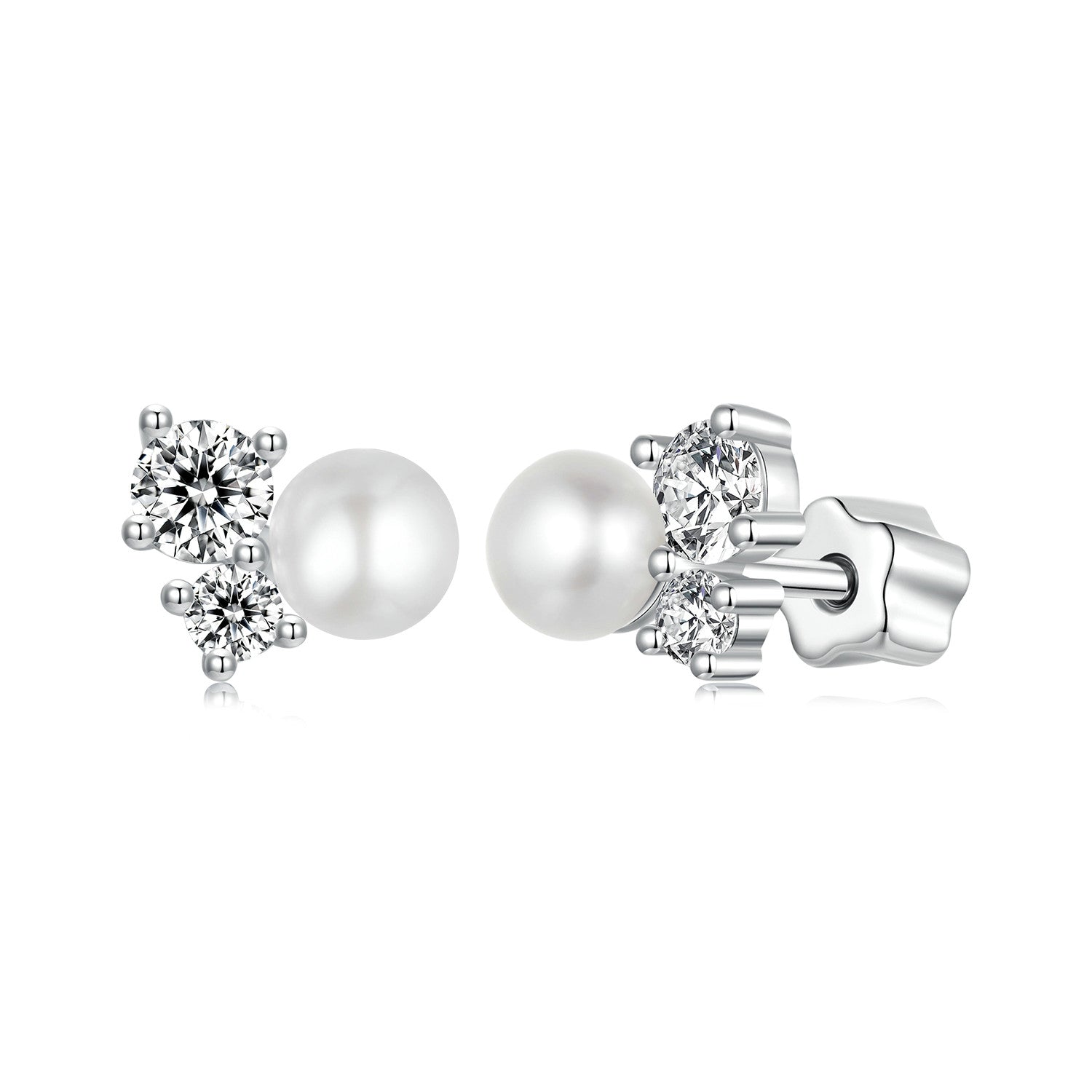 bamoer 925 Silver Asymmetrical Pearl & Moissanite Studs