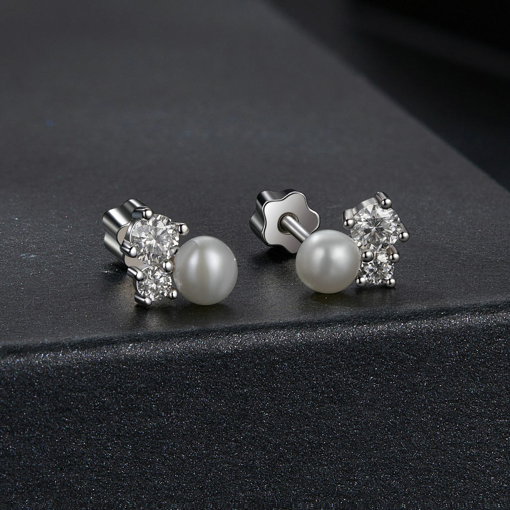 bamoer 925 Silver Asymmetrical Pearl & Moissanite Studs