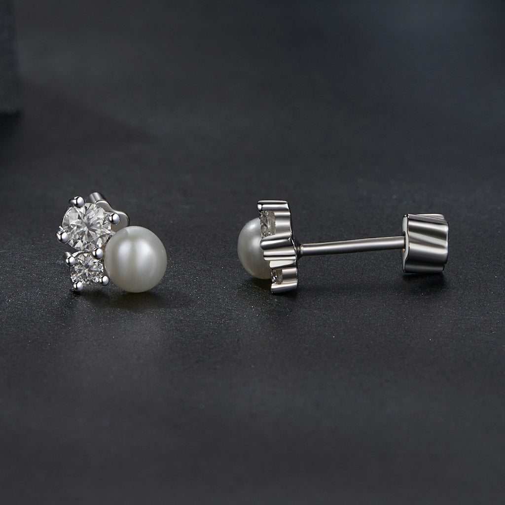 bamoer 925 Silver Asymmetrical Pearl & Moissanite Studs