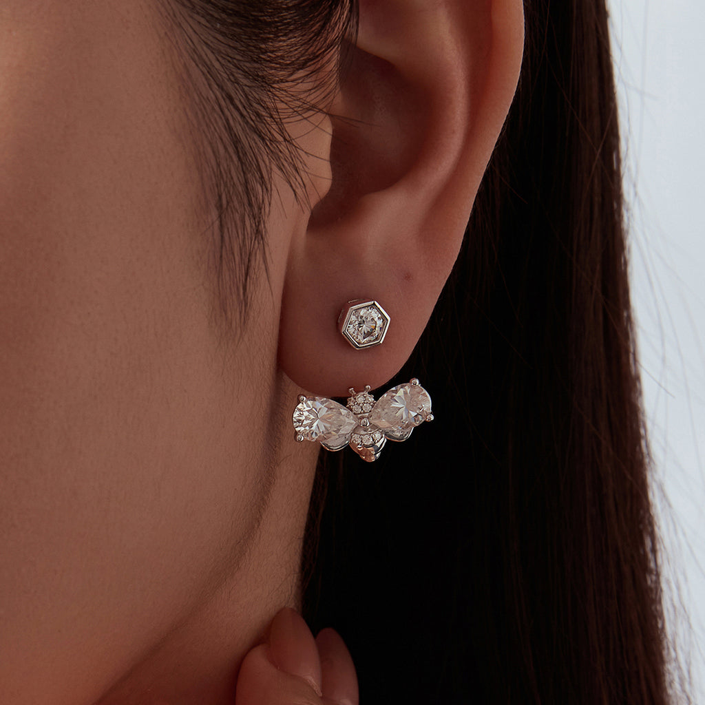 Bee Front & Back Moissanite Stud Earrings