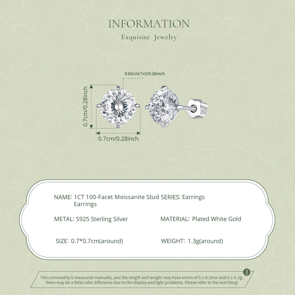1CT 100-Facet Moissanite Studs