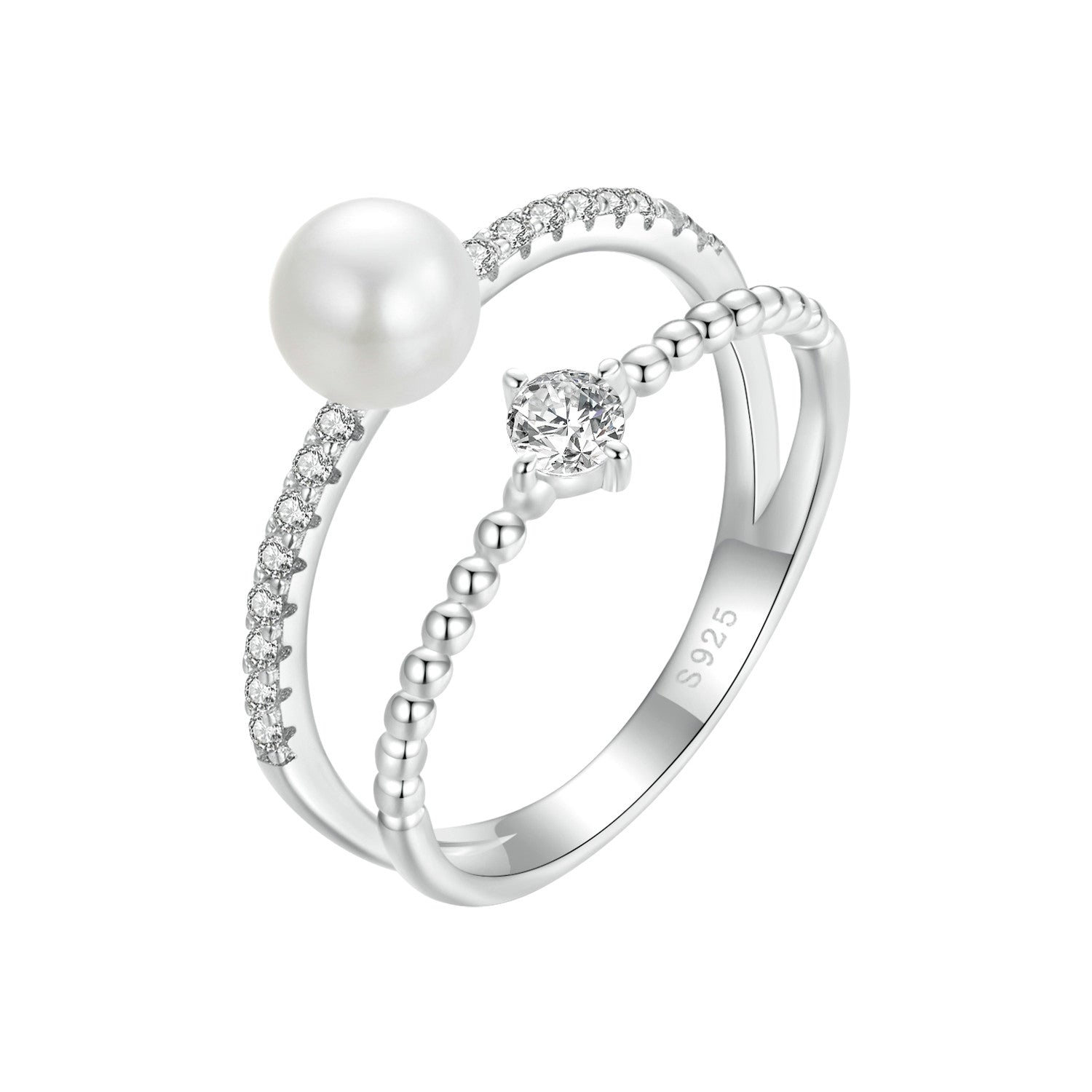 Double Band Pearl & Diamond Ring