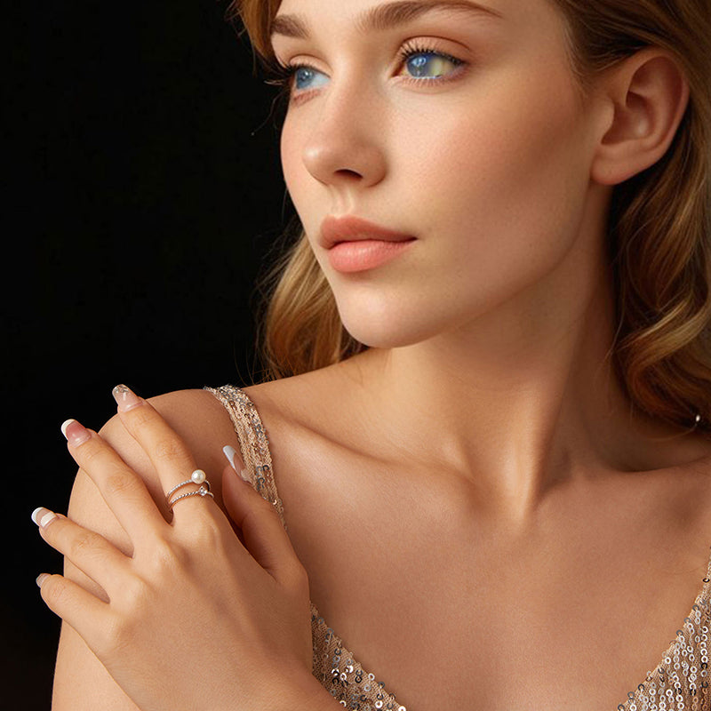 Double Band Pearl & Diamond Ring