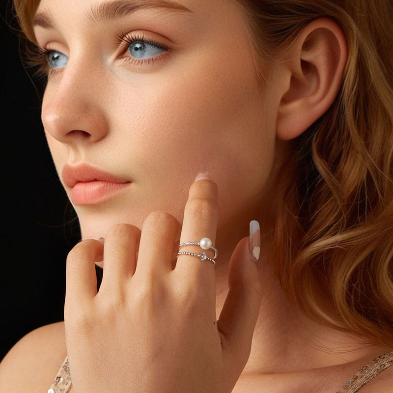 Double Band Pearl & Diamond Ring