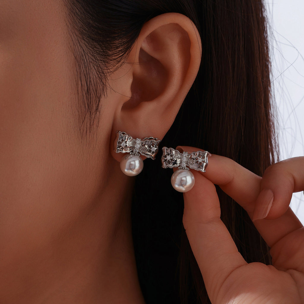 Pearl Bow Stud Earrings