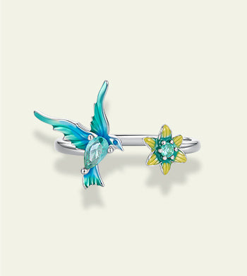BAMOER Green Hummingbird Flower Ring
